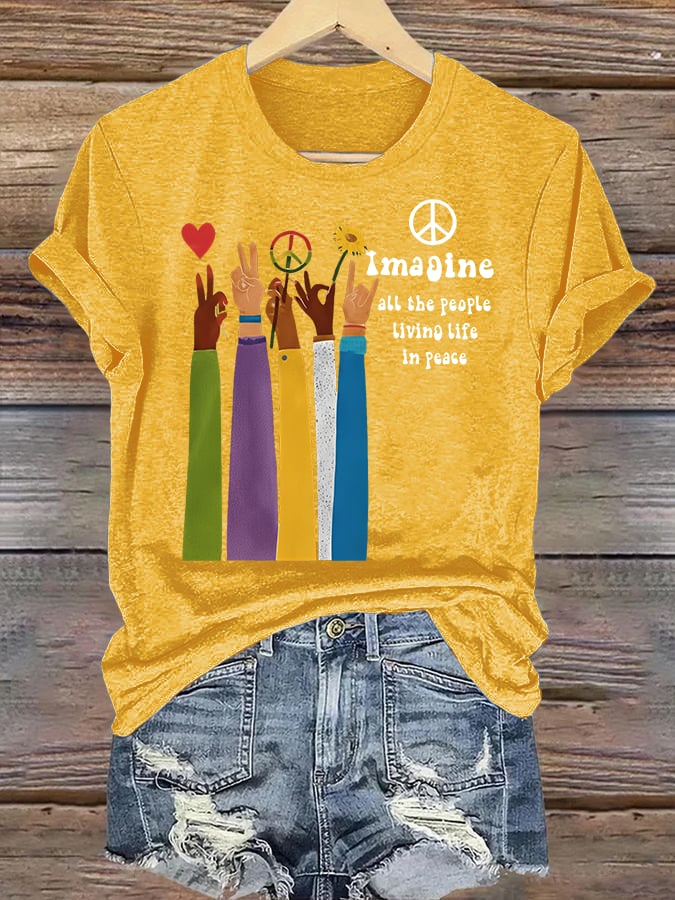 Women's  Raised Hand Print Imagine Lyrics T-Shirt