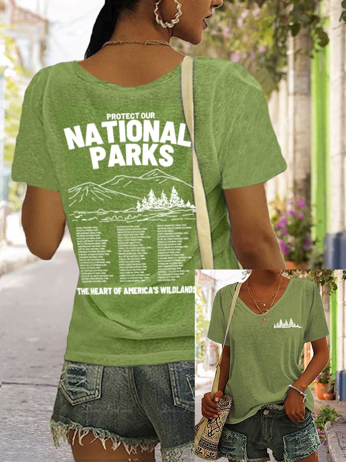 Women's Protect Our National Parks Print V Neck Casual T-Shirt