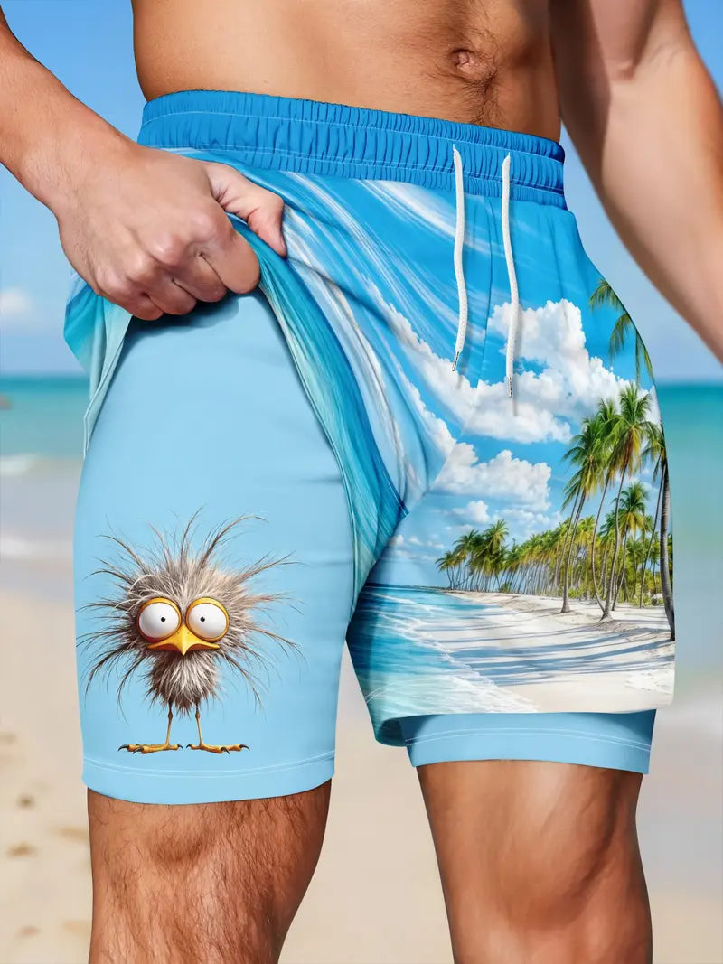 Unisex Funny Quirky Bird Print Anti-Chafe Liner 2-in-1 Straight Shorts