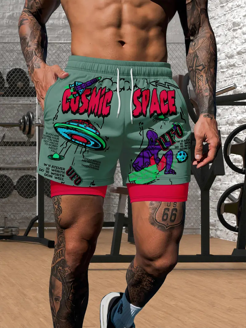 Unisex Alien Spaceship Print Casual Wear Shorts
