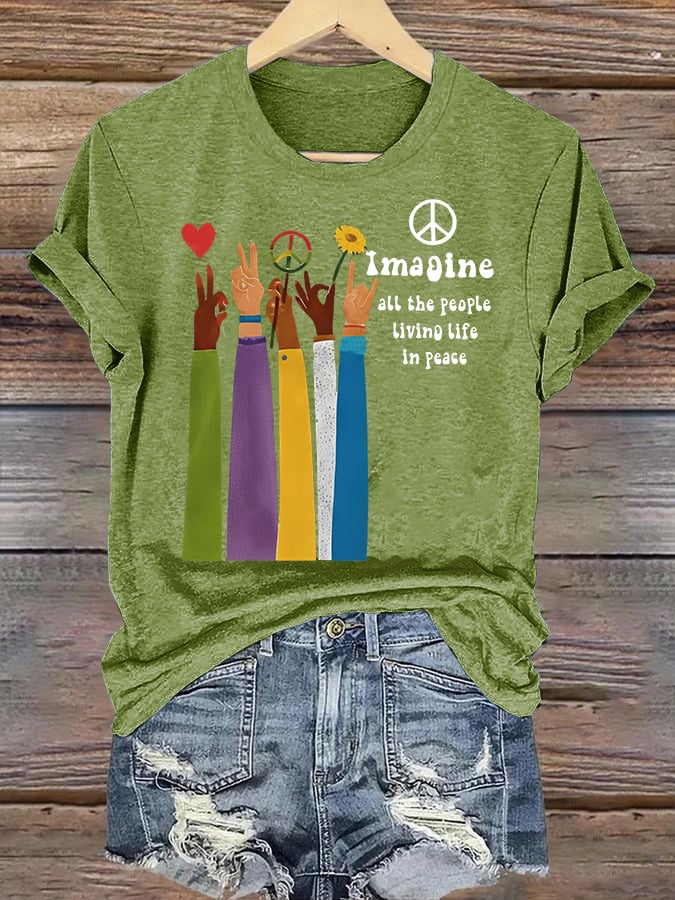 Women's  Raised Hand Print Imagine Lyrics T-Shirt