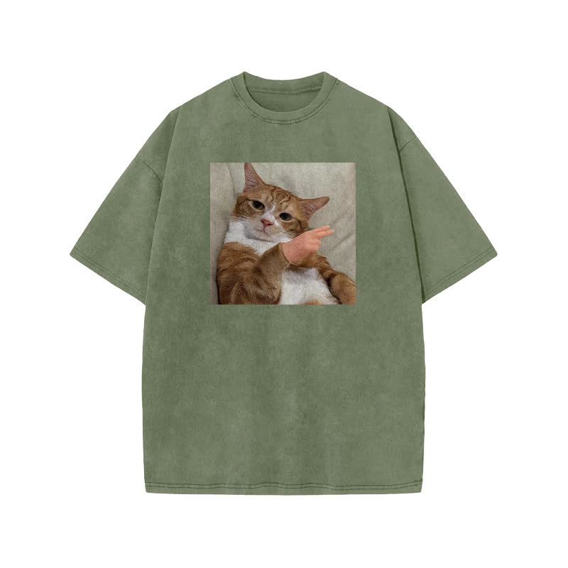 Unisex  "Scissor Hand Gesture" Fun Cat Pattern Print Acid Washed T-shirt