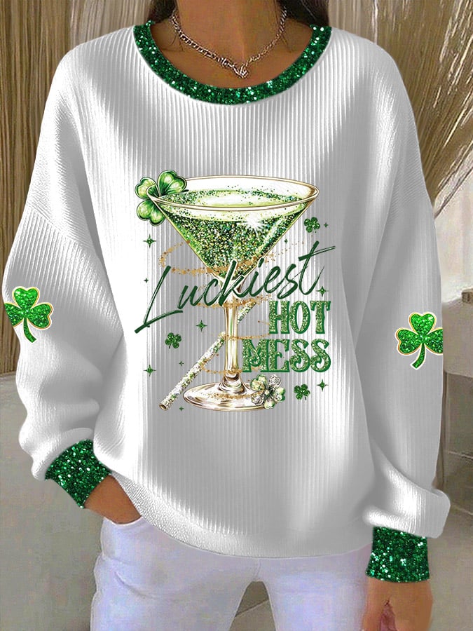 Women's St. Patrick's Luckiest Hot Mess Print Casual Sweatshirt