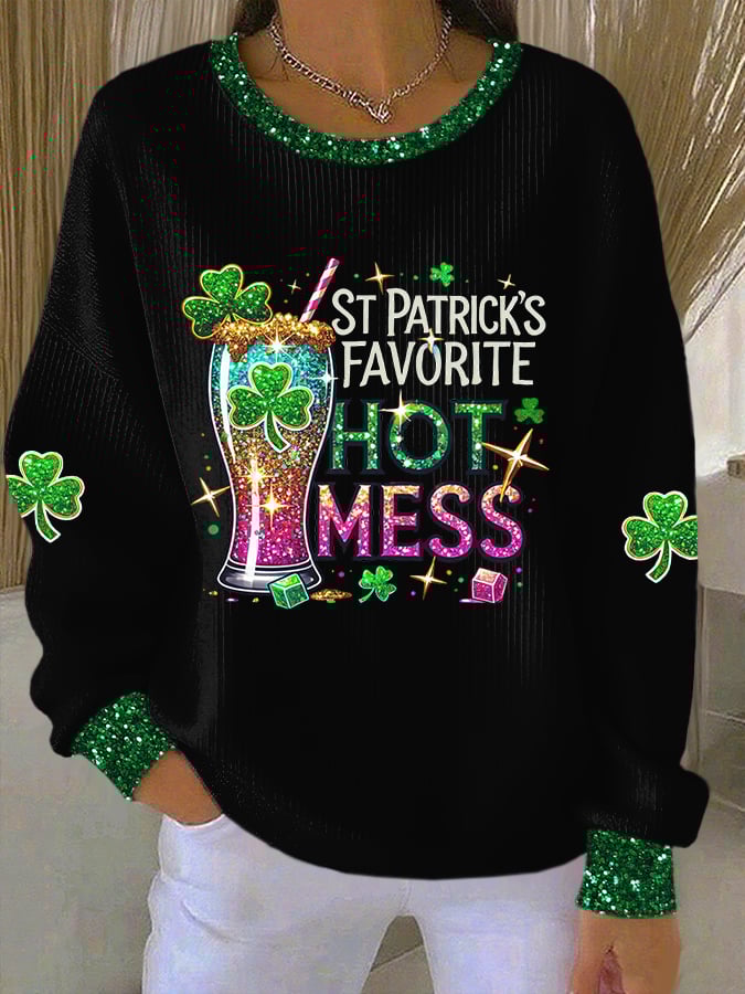 Women's St. Patrick's Favorite Hot Mess Print Casual Sweatshirt