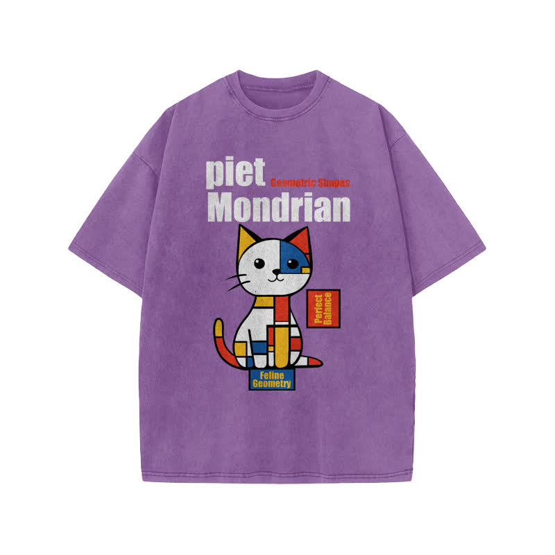 Unisex Geometric Shapes Cat Print Acid Washed T-shirt