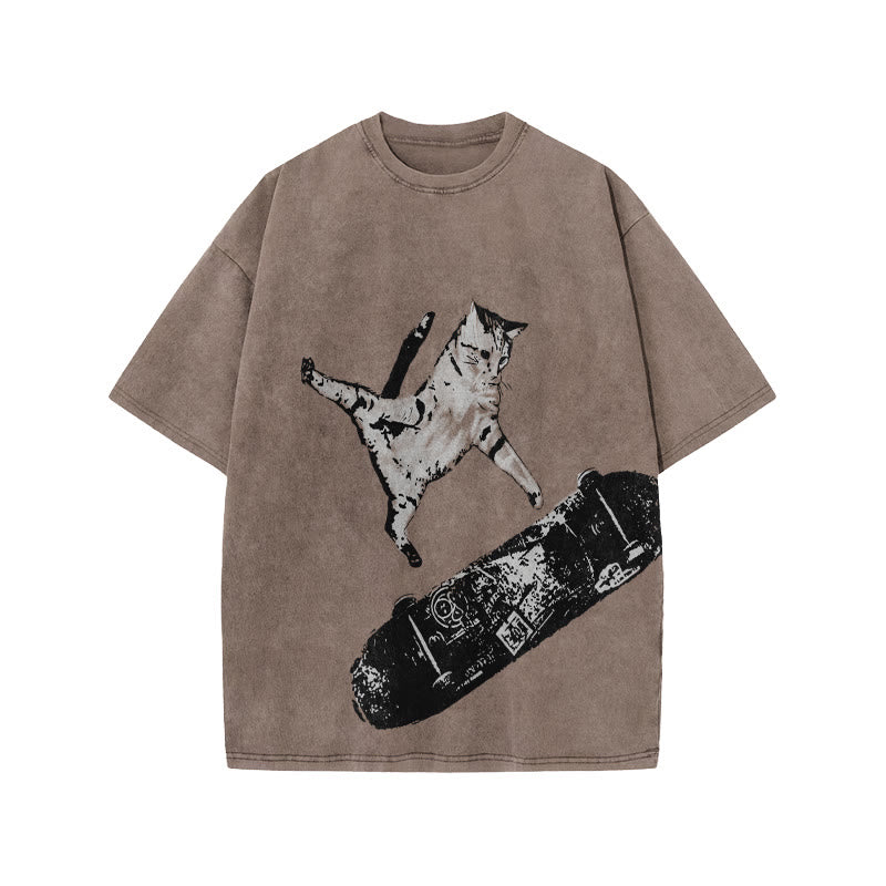 Unisex Street Skate Cat Print Acid Washed T-shirt