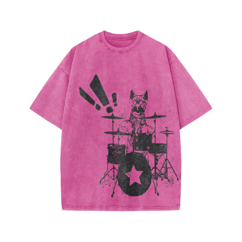 Unisex Cat Playing Drums Print Acid Washed T-shirt