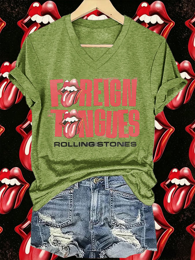 Women's V-Neck Retro Foreign Tongues Print T-shirt