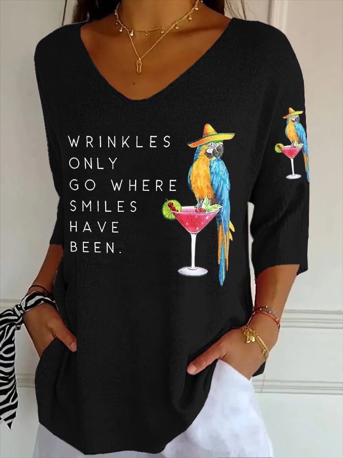 V- Neck Retro Wrinkles Only Go Where Smiles Have Been Print Shirt