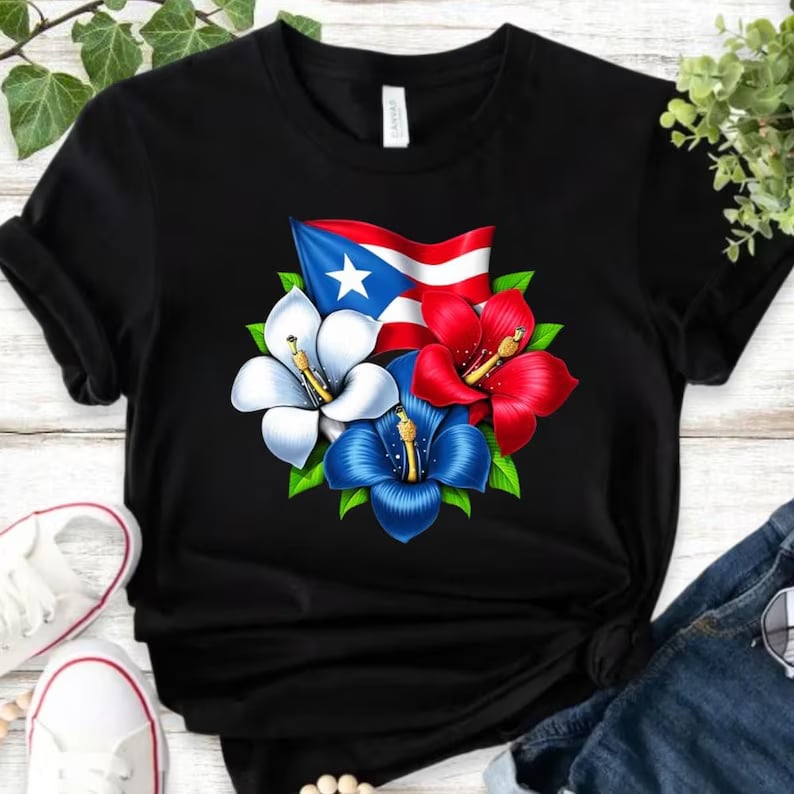 Puerto Rico Flowers Flag Printed T-Shirts