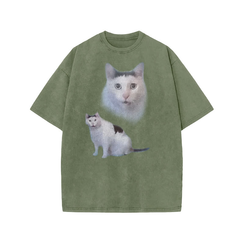 Unisex Confused Cat Print Acid Washed T-shirt
