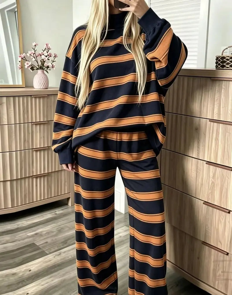 ⏳ Last day to save 50%✨🔥 Striped Oversized Sweatshirt & Wide Leg Pants Lounge Set ✨