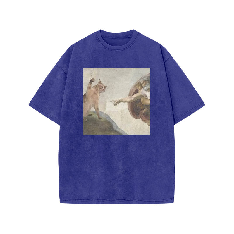 Unisex Oil Painting Cat Print Acid Washed T-shirt