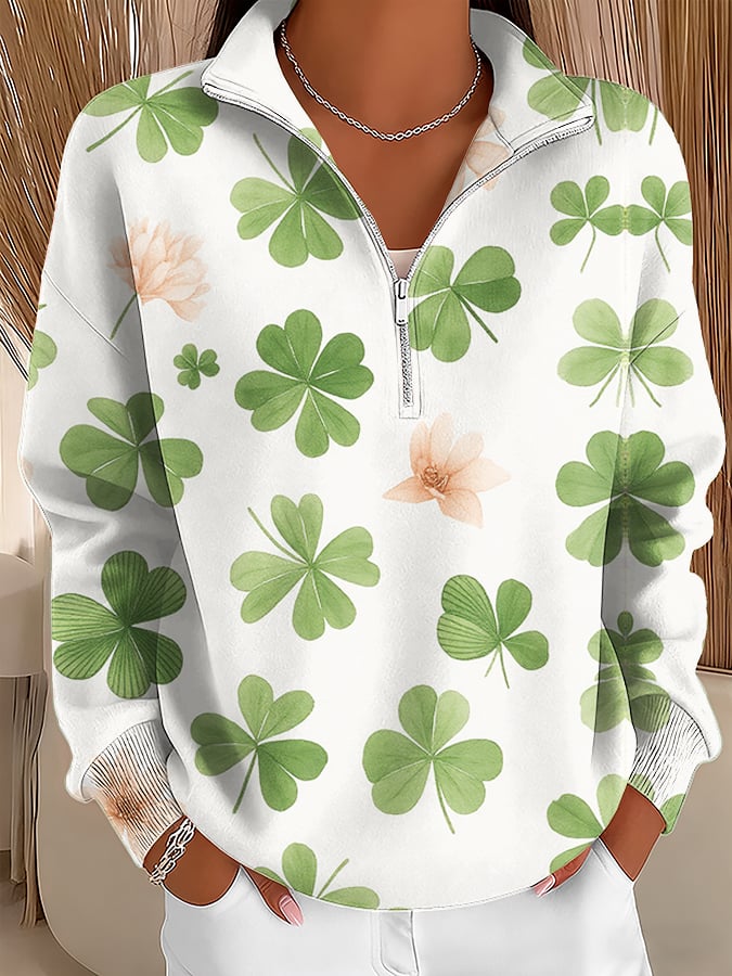 Women's St. Patrick's Day Printed Zip-Up Stand-Collar Sweatshirt