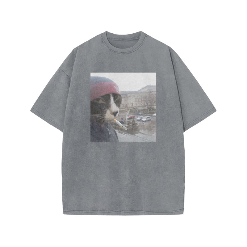 Unisex Smoking Street Style Cat Print Acid Washed T-shirt