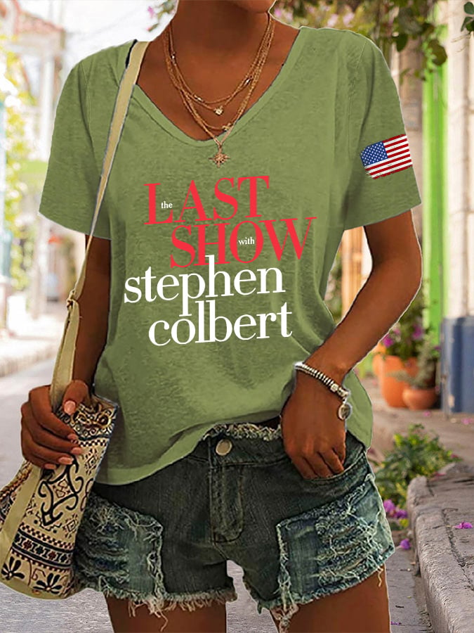 Off V-Neck Retro Last Show Print T-Shirt