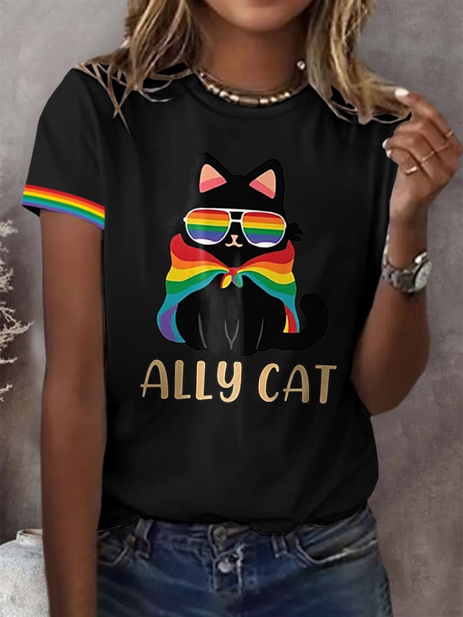 Women's Pride Month Rainbow Ally Cat print Short Sleeve T-Shirt