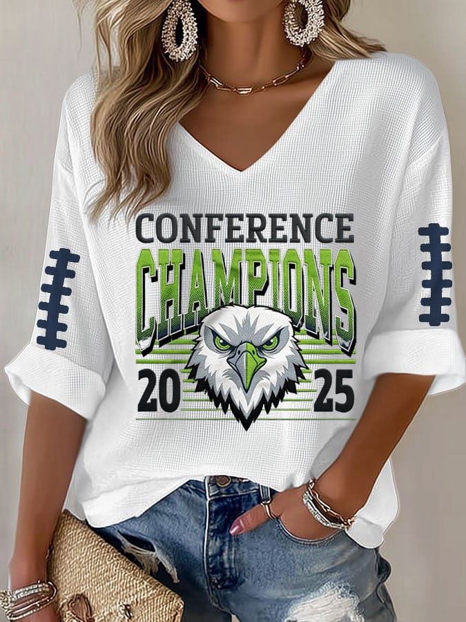 Women's Football Print Waffle Long Sleeve T-Shirt