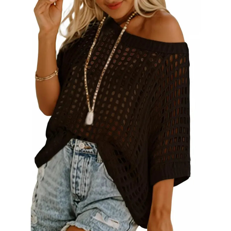 Womens Summer Scoop Neck Short Sleeve Sweater Casual Crochet Hollow Out Knit Tops