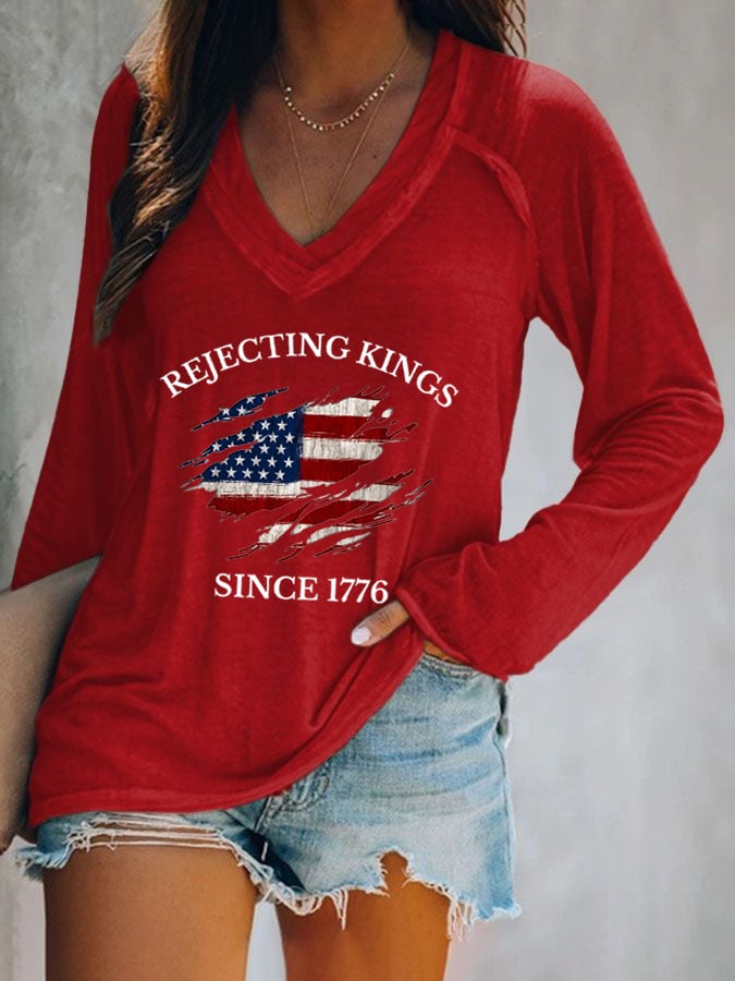 Women's “Rejecting Kings Since 1776” Printed V-Neck Casual T-Shirt