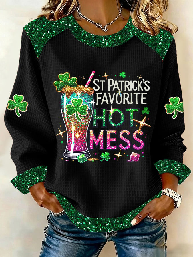 Women's St. Patrick's Favorite Hot Mess Print Casual Sweatshirt