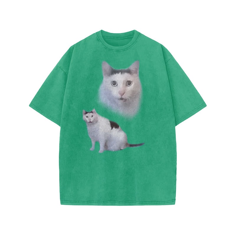 Unisex Confused Cat Print Acid Washed T-shirt