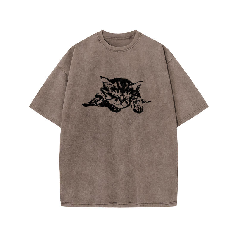 Unisex Quiet Sleeping Cat Print Acid Washed T-shirt