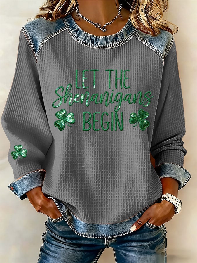 Women's Casual St Patrick's Day Print Waffle Sweatshirt