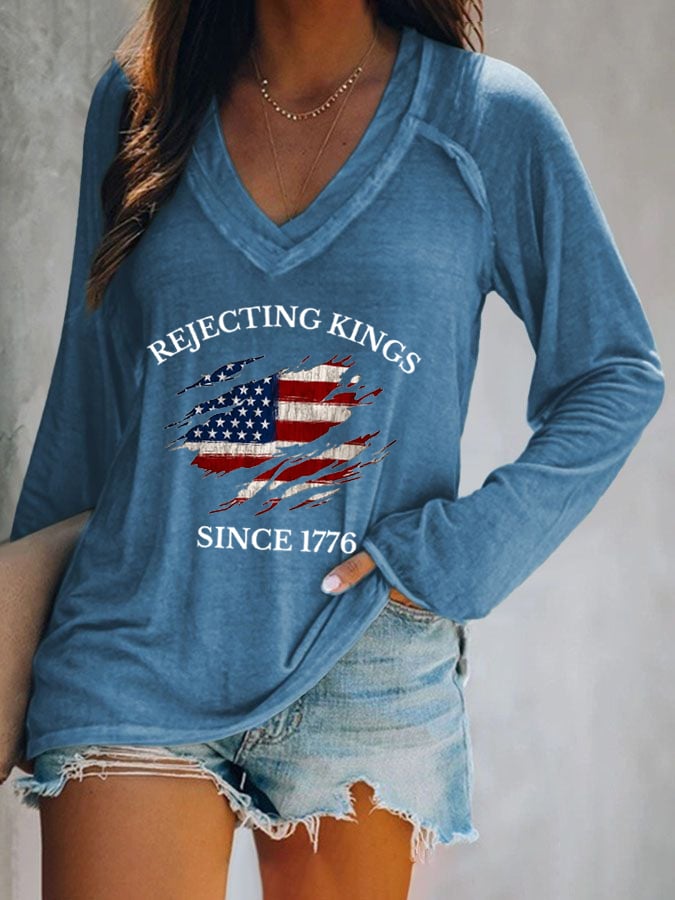 Women's “Rejecting Kings Since 1776” Printed V-Neck Casual T-Shirt