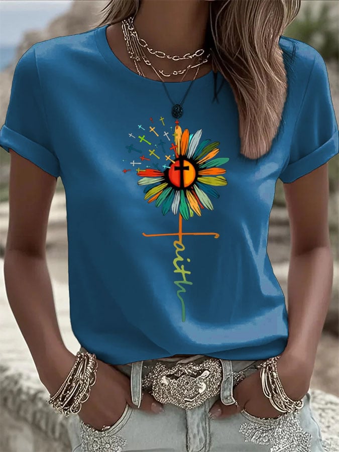 Women's Faith Sunflower Print Crew Neck Casual T-shirt