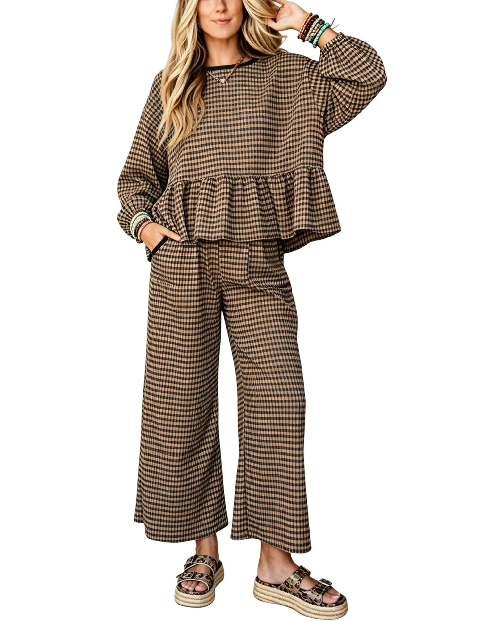 Women's Gingham Two Piece Set Peplum Top & Wide Leg Pants