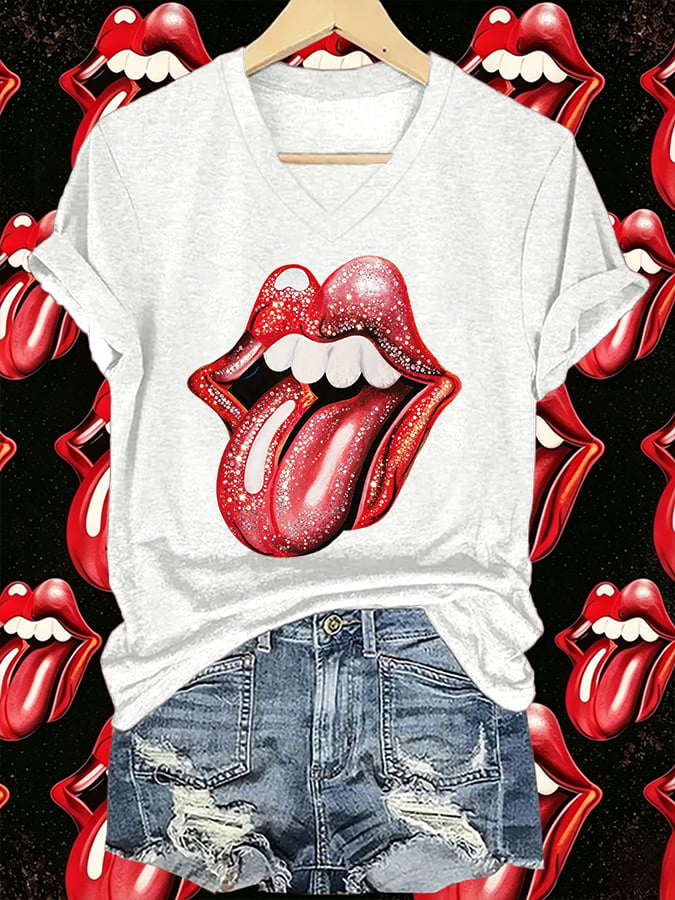 Women's V-Neck Retro Foreign Tongues Print T-shirt