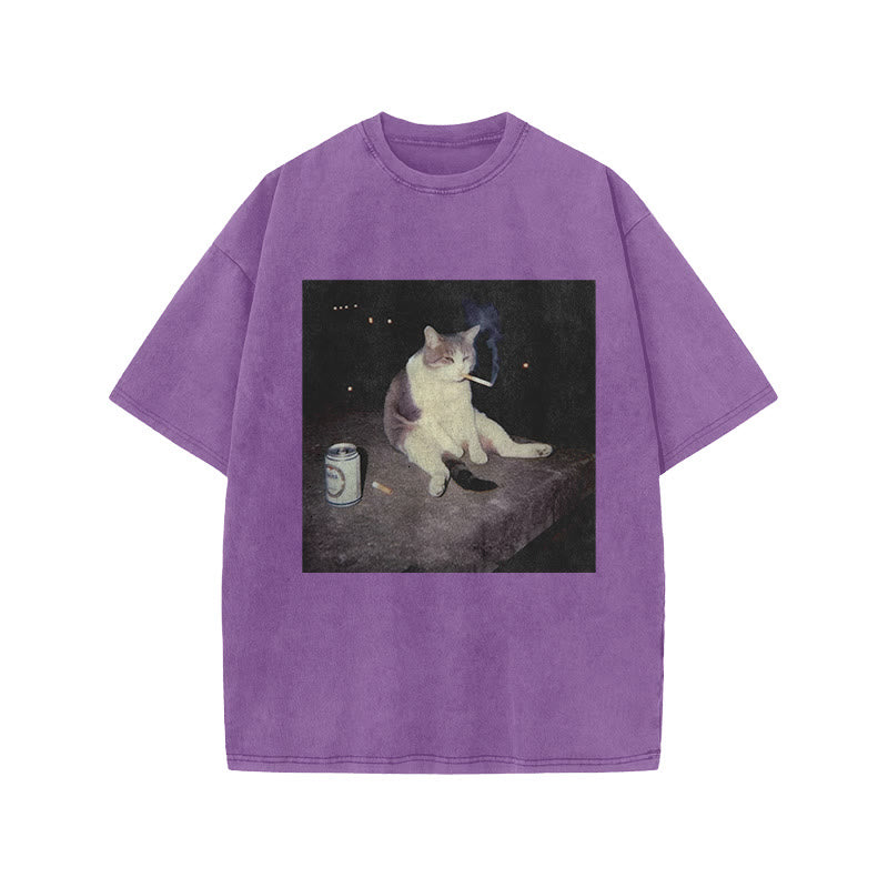 Unisex Smoking Decadent Cat Print Acid Washed T-shirt