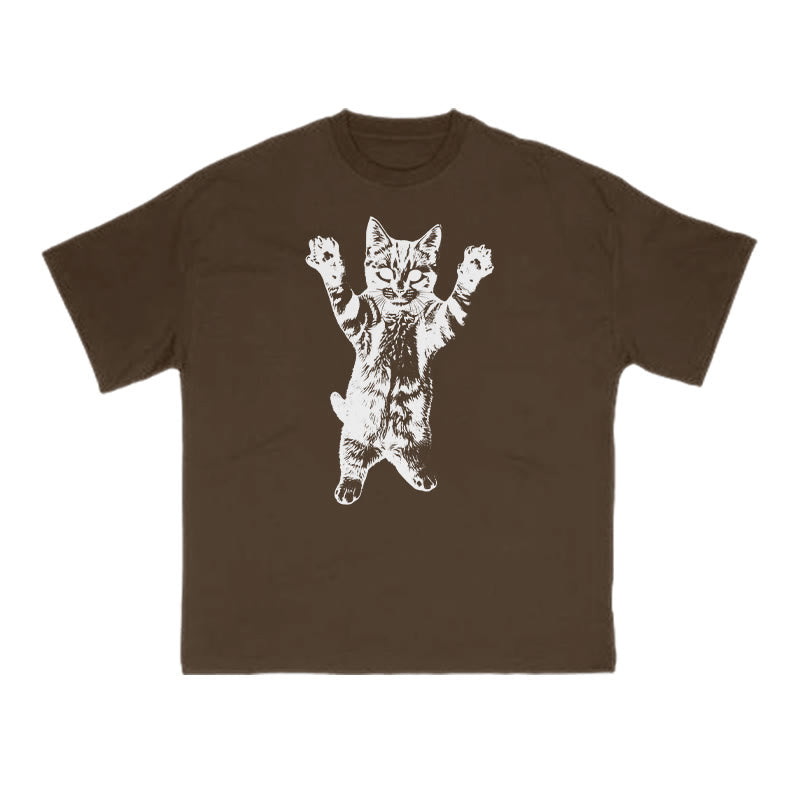 Funny Cat With Its Paws Up Print T-shirt