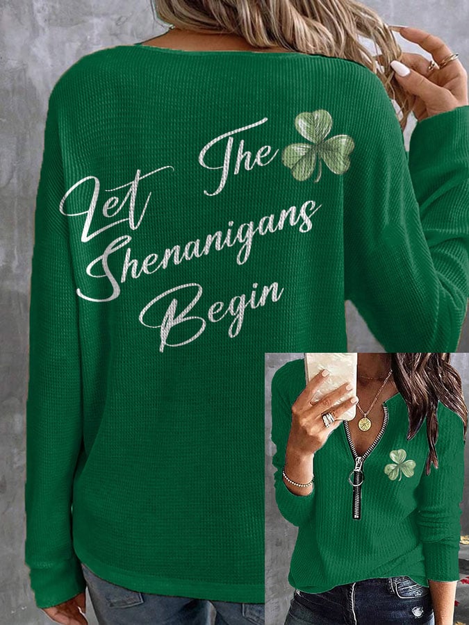 Women's  St. Patrick's Day Let The Shenanigans Begin Shamrocks Print Casual Zipper Long-Sleeve Top