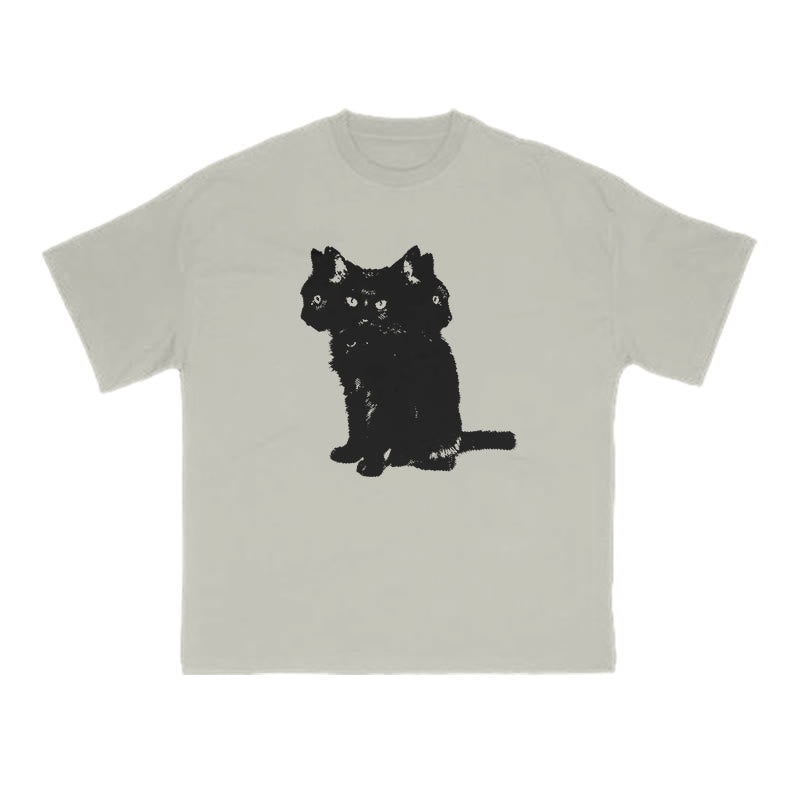 Three-headed Black Cat Print T-shirt