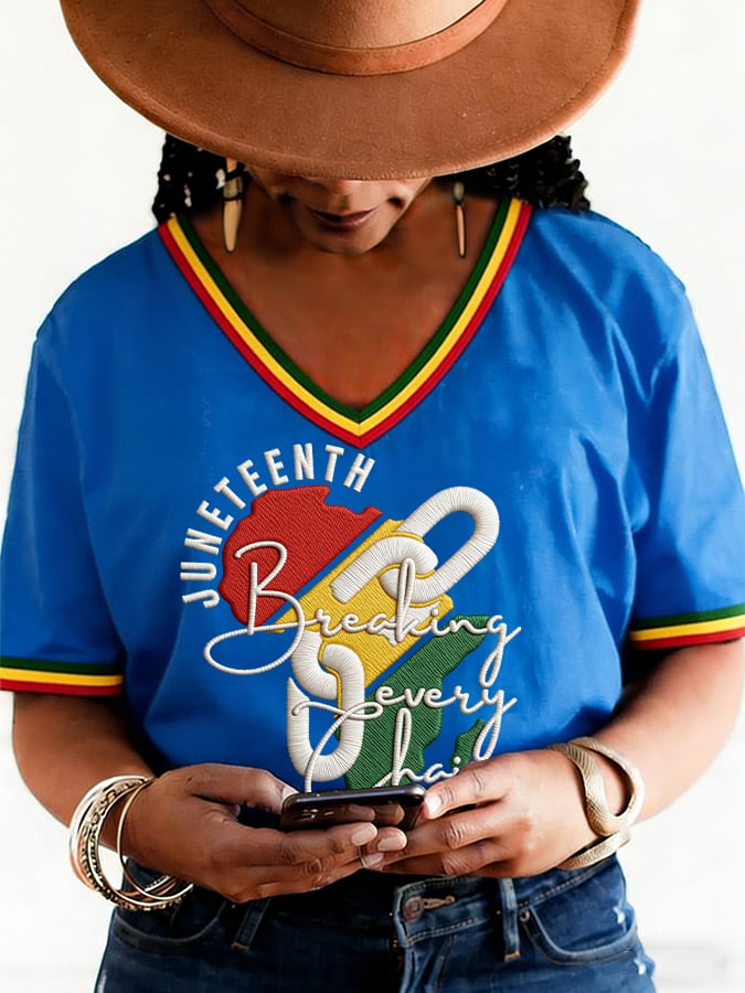 Women's Juneteenth Breaking Every Chain Print V Neck T-shirt