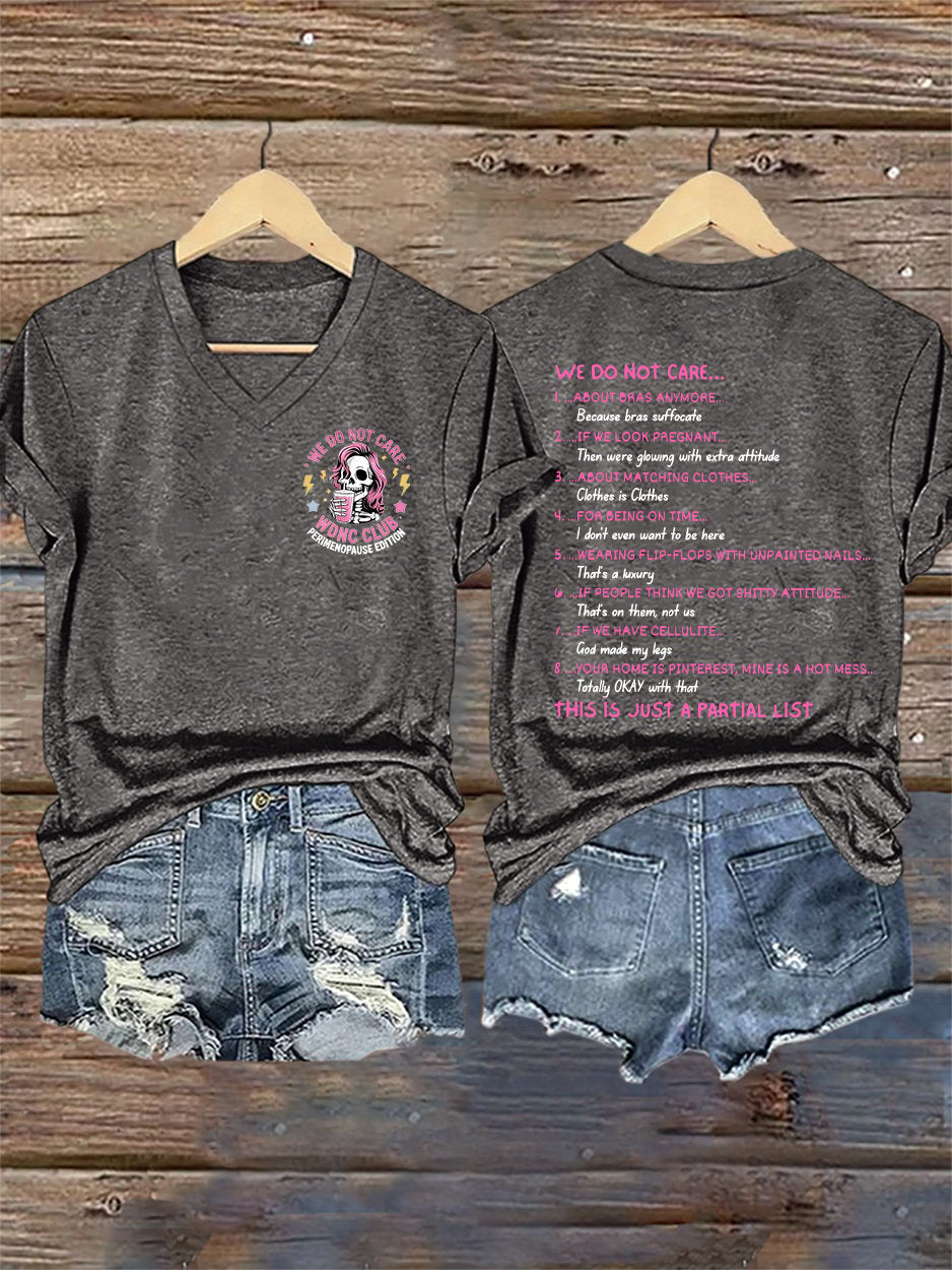 V-Neck Retro We Do Not Care WDNC Club Perimenopause Edition Print T-Shirt