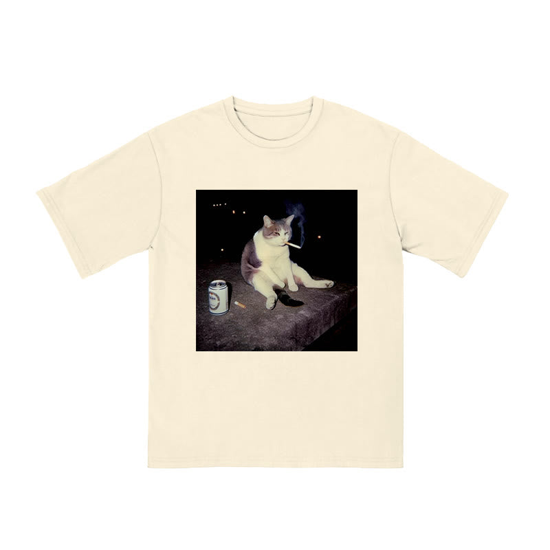 Unisex Smoking Decadent Cat Print T-shirt