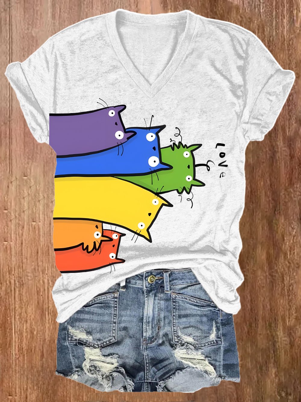 Women's Rainbow Striped Cat Pride Month And Cat Printed V-Neck T-Shirt Top