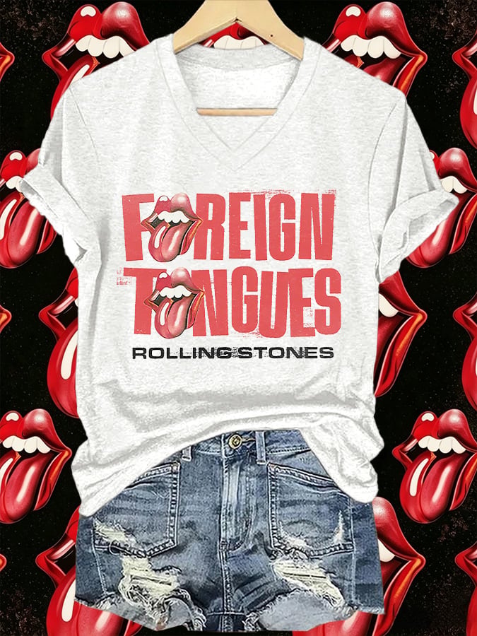 Women's V-Neck Retro Foreign Tongues Print T-shirt