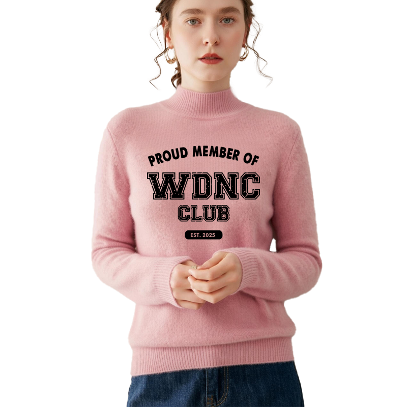 Retro and fun WDNC Club menopause/perimenopause themed printed mock neck sweater.