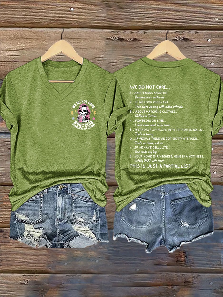 V-Neck Retro We Do Not Care WDNC Club Perimenopause Edition Print T-Shirt
