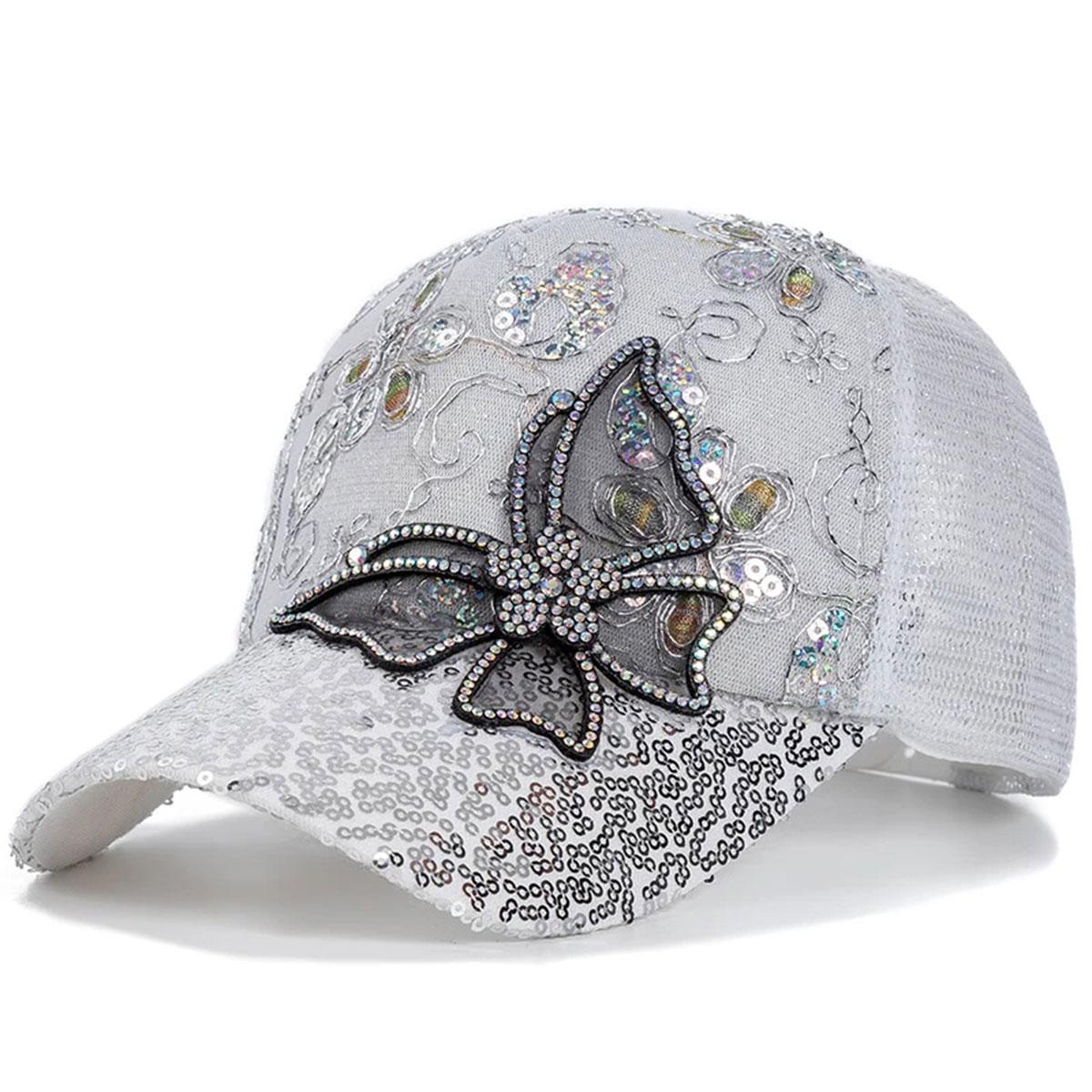 Women Butterfly Lace Glitter Baseball ,Cap Breathable Mesh Sun Hat