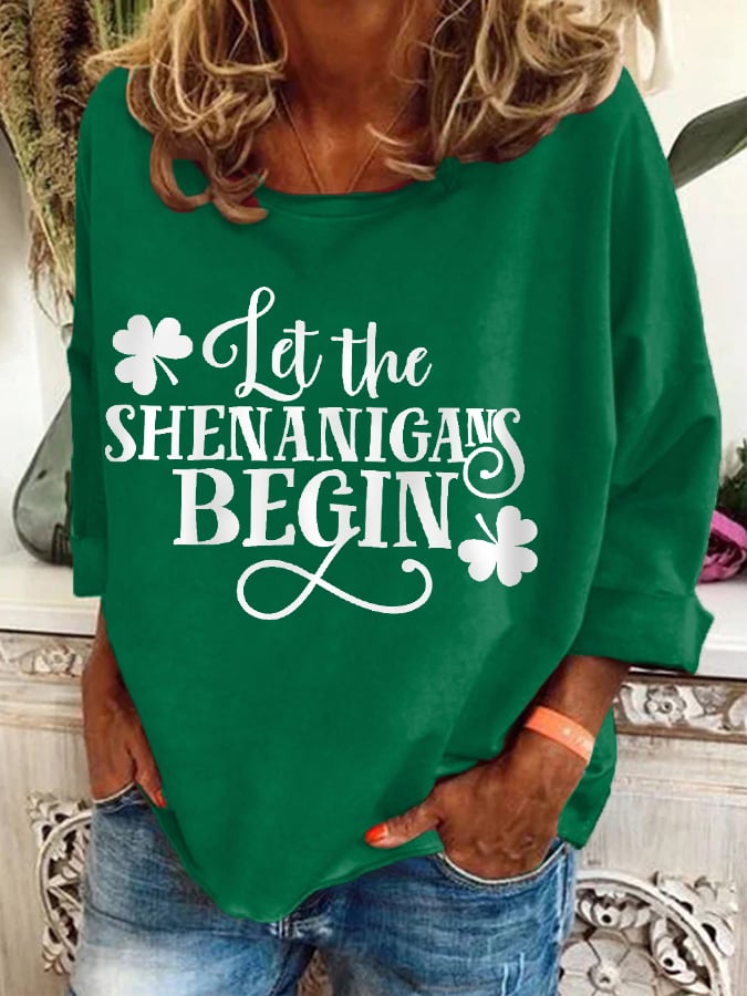 Women's Funny St. Patrick's Day Let The Shenanigans Begin Shamrock Print  Casual Top