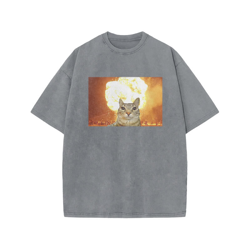 Unisex Funny Cat Print Acid Washed T-shirt