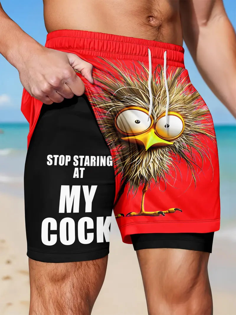 Unisex Funny Quirky Bird Print Anti-Chafe Liner 2-in-1 Straight Shorts