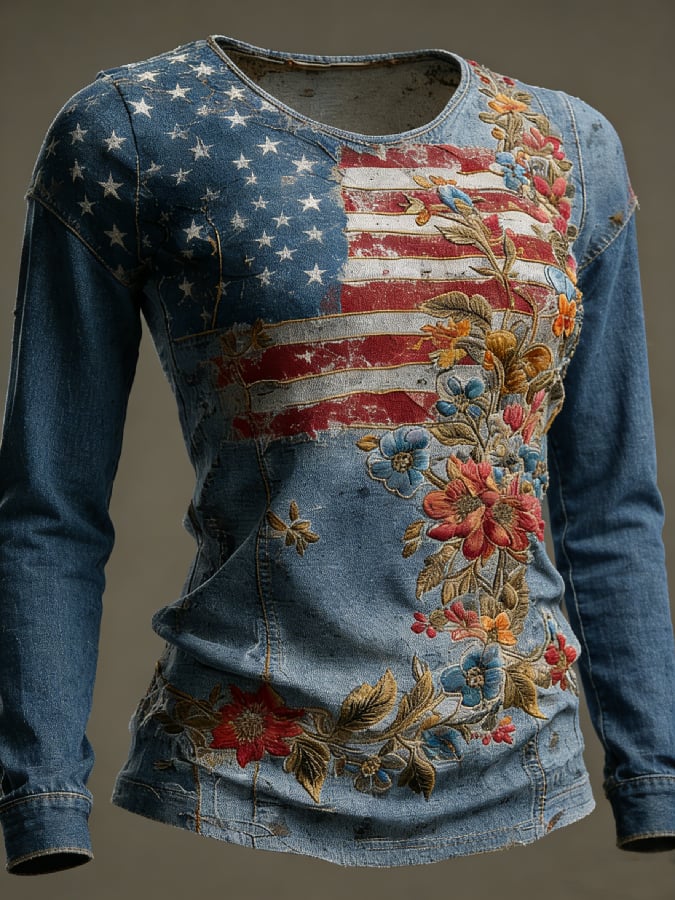 Women's casual long-sleeved T-shirt with 250th anniversary national flag and floral print.