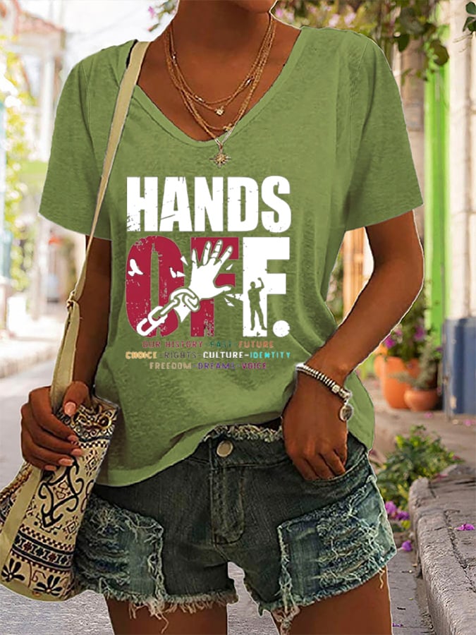 Women's Hands Off Protest Printed V-Neck T-Shirt