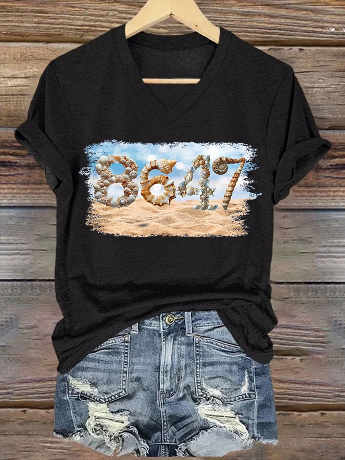 V-Neck Retro 8647 Beach Seashells Print T-Shirt